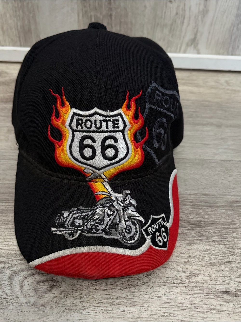 Vintage Route 66 Motorcycle Flames Baseball Cap Men Moto Black Red Hat Biker 90s